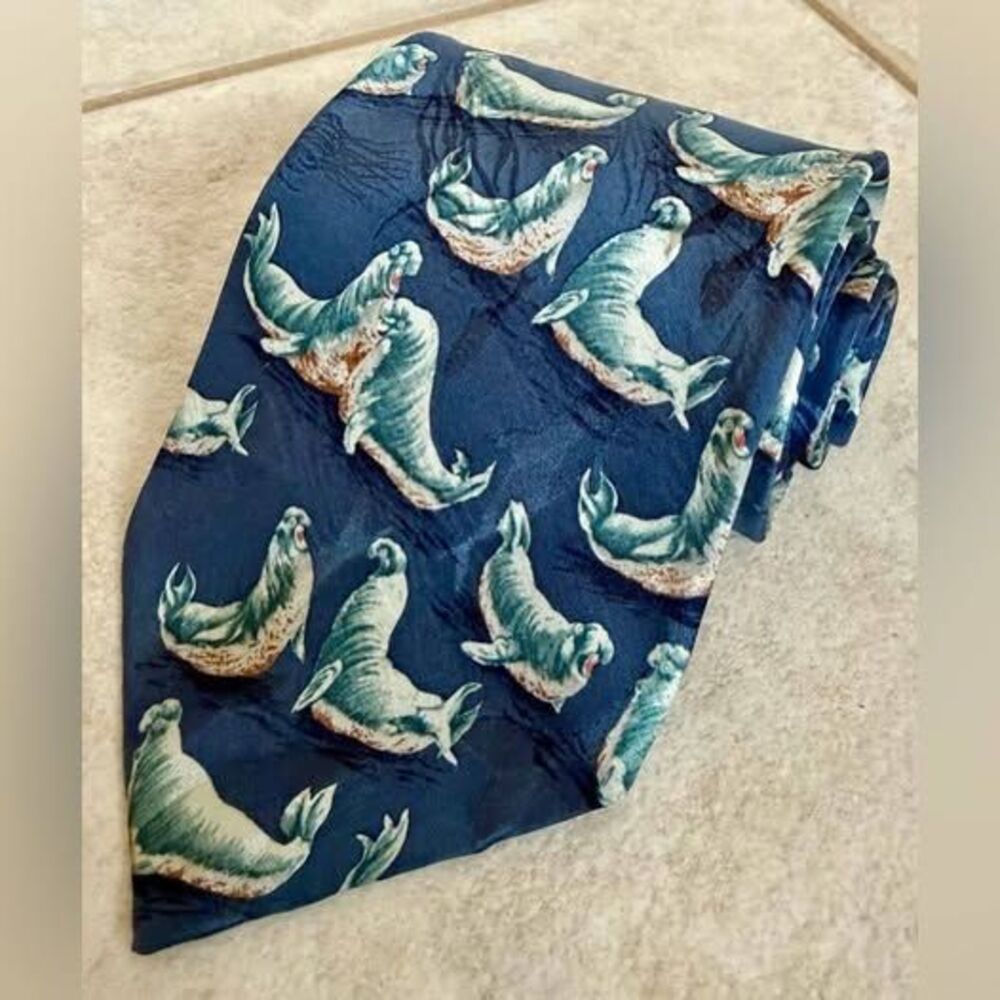 Endangered Species Elephant Seal 100% Tie Silk Blue Ocean Animal Novelty USA